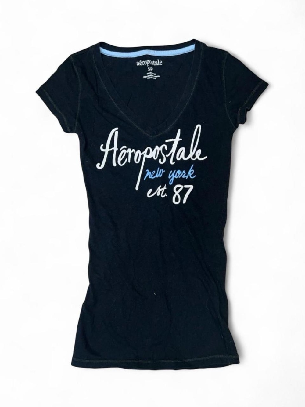 Aeropostale Black V-Neck Logo Tee with Light Blue Script